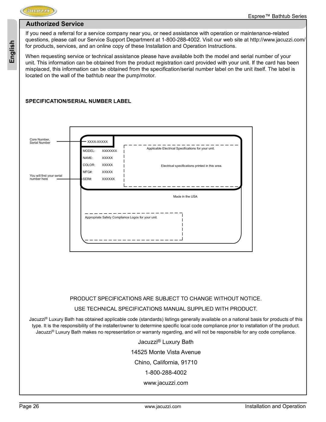 Jacuzzi U961000 manual Authorized Service, SPECIFICATION/SERIAL Number Label 