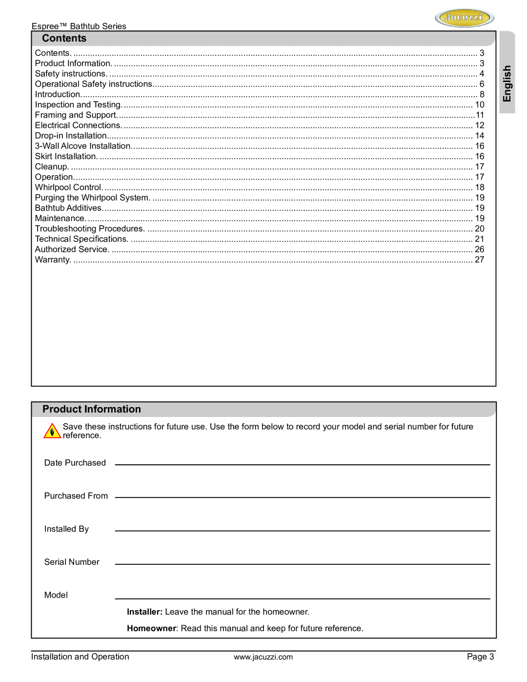 Jacuzzi U961000 manual Contents, English Product Information 