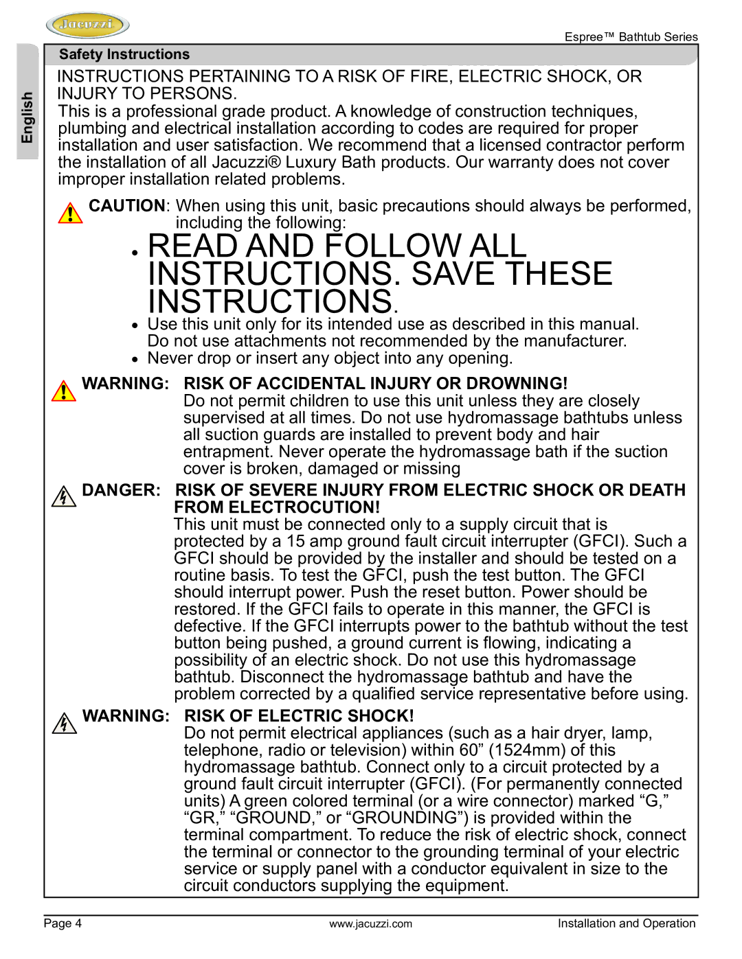 Jacuzzi U961000 manual Read and Follow ALL INSTRUCTIONS. Save These Instructions, Safety Instructions 