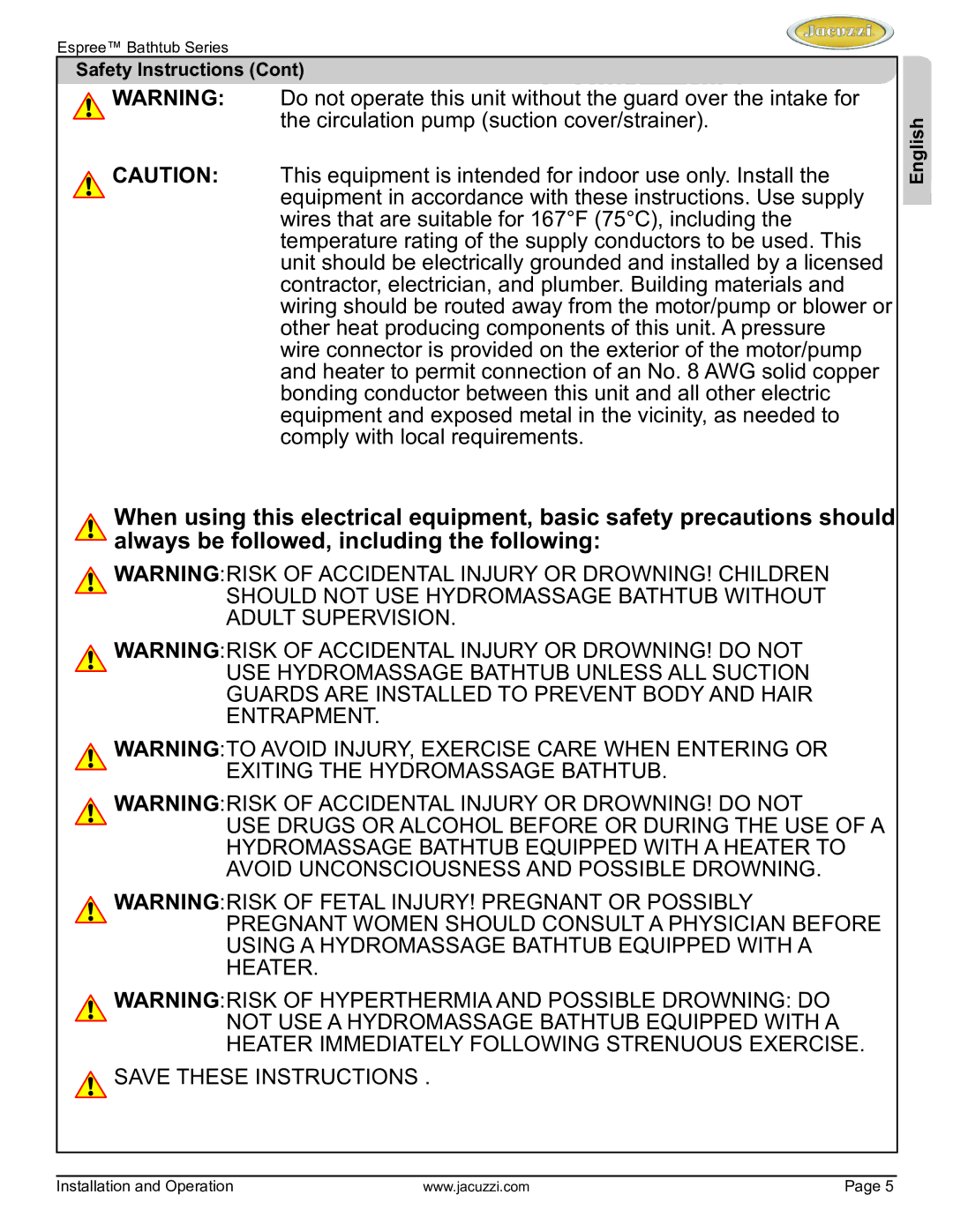 Jacuzzi U961000 manual Safety Instructions 