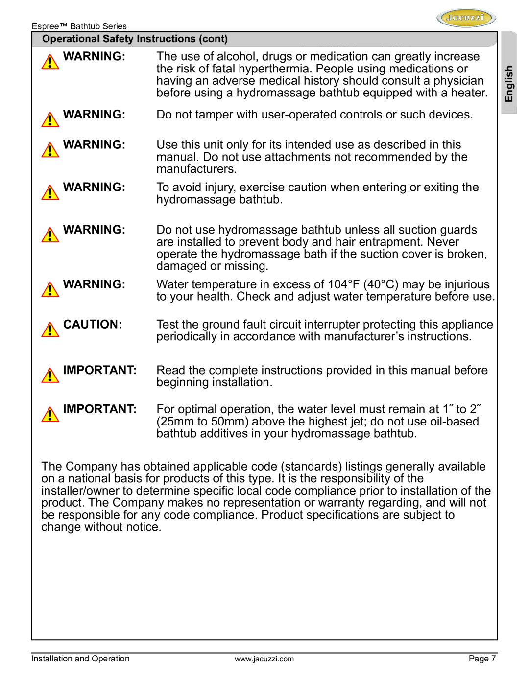 Jacuzzi U961000 manual Operational Safety Instructions 