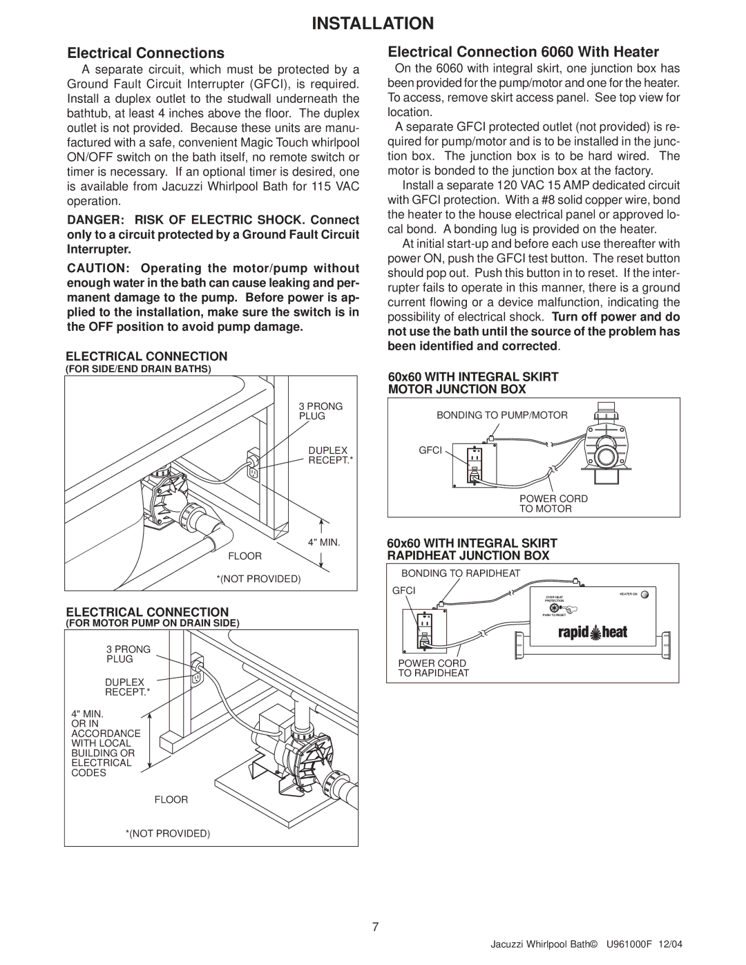 Jacuzzi U961000F operating instructions Electrical Connections, Electrical Connection 6060 With Heater 