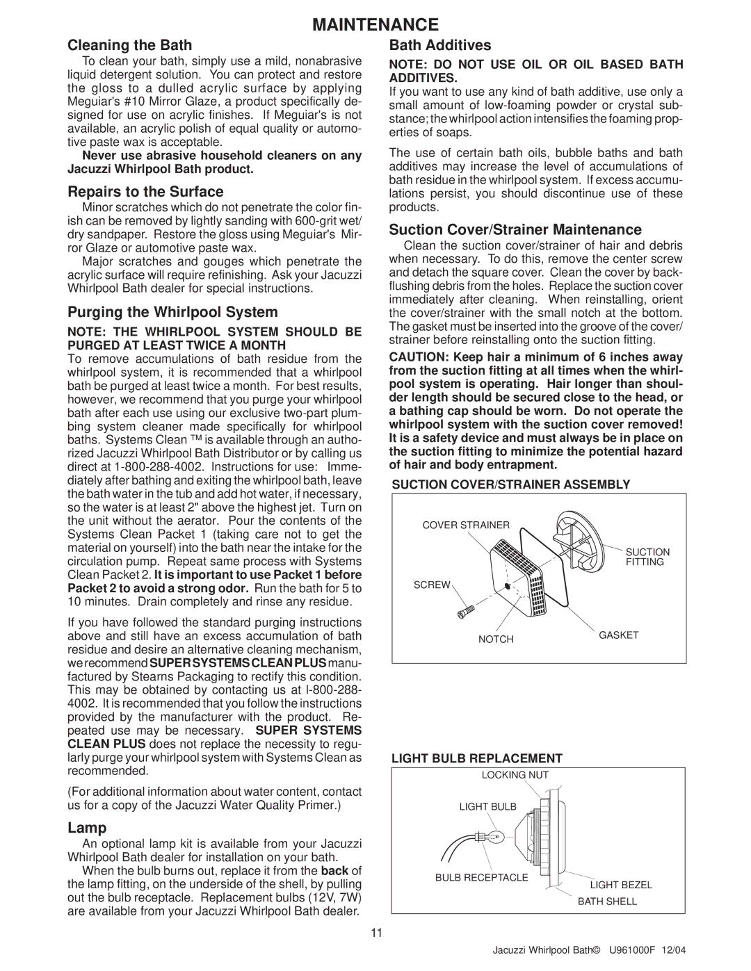 Jacuzzi U961000F operating instructions Maintenance 