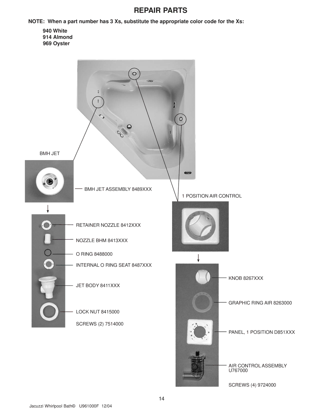 Jacuzzi U961000F operating instructions Repair Parts, White Almond Oyster 