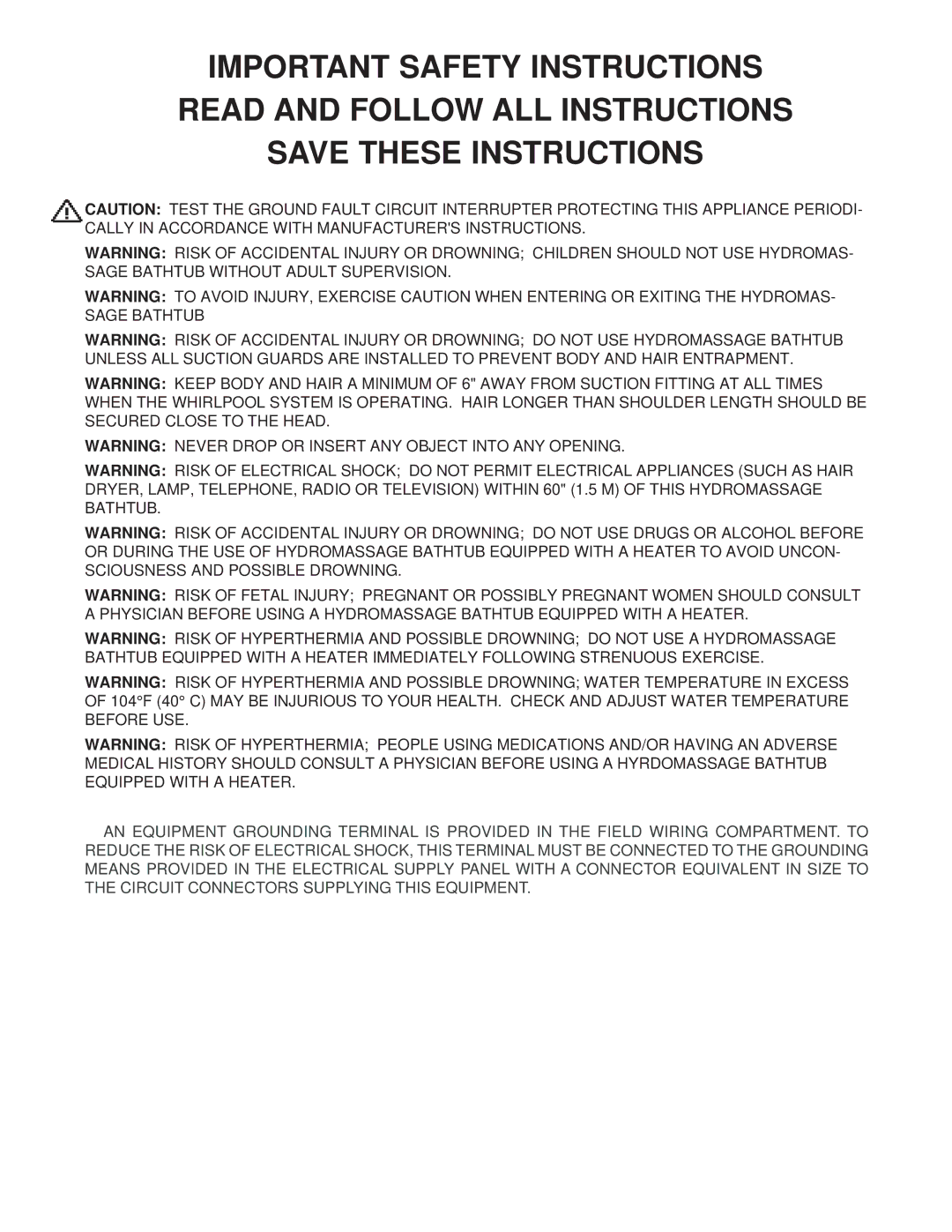 Jacuzzi U961000F operating instructions 