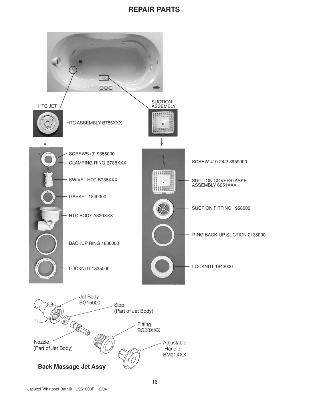 Jacuzzi U961000F operating instructions Back Massage Jet Assy 