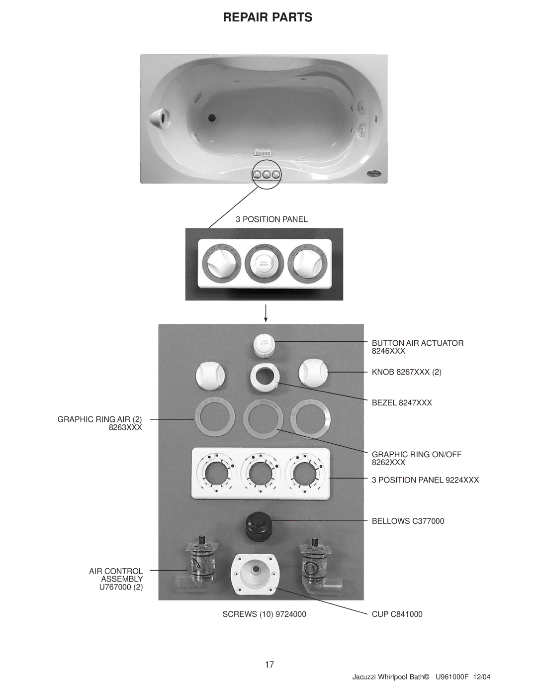 Jacuzzi U961000F operating instructions Position Panel Button AIR Actuator 