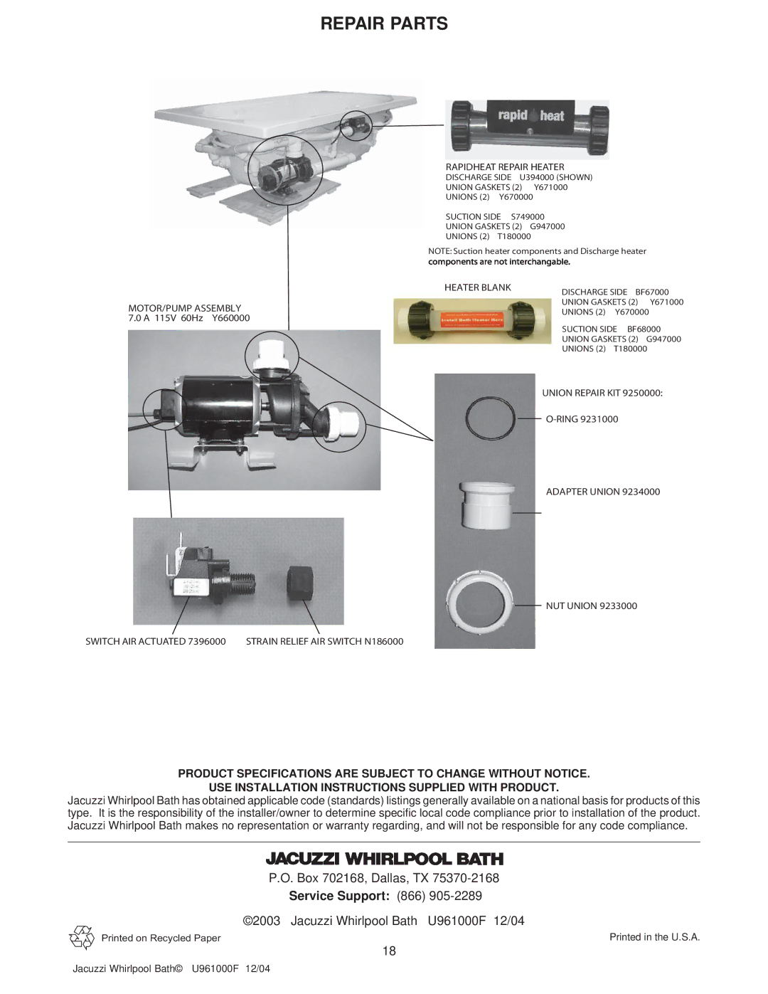 Jacuzzi U961000F operating instructions Service Support 866, Heater Blank 