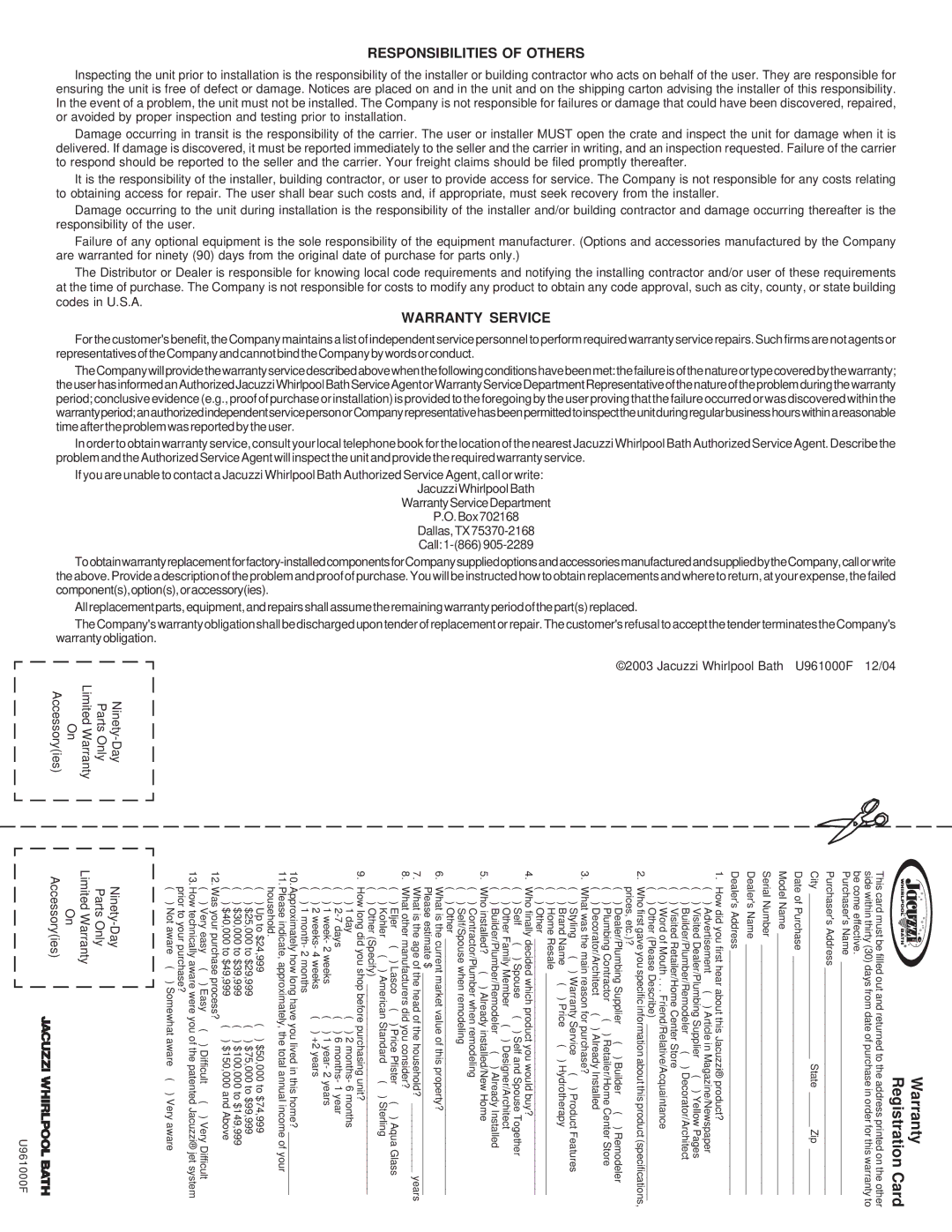 Jacuzzi U961000F operating instructions Warranty Registration Card, Responsibilities of Others 