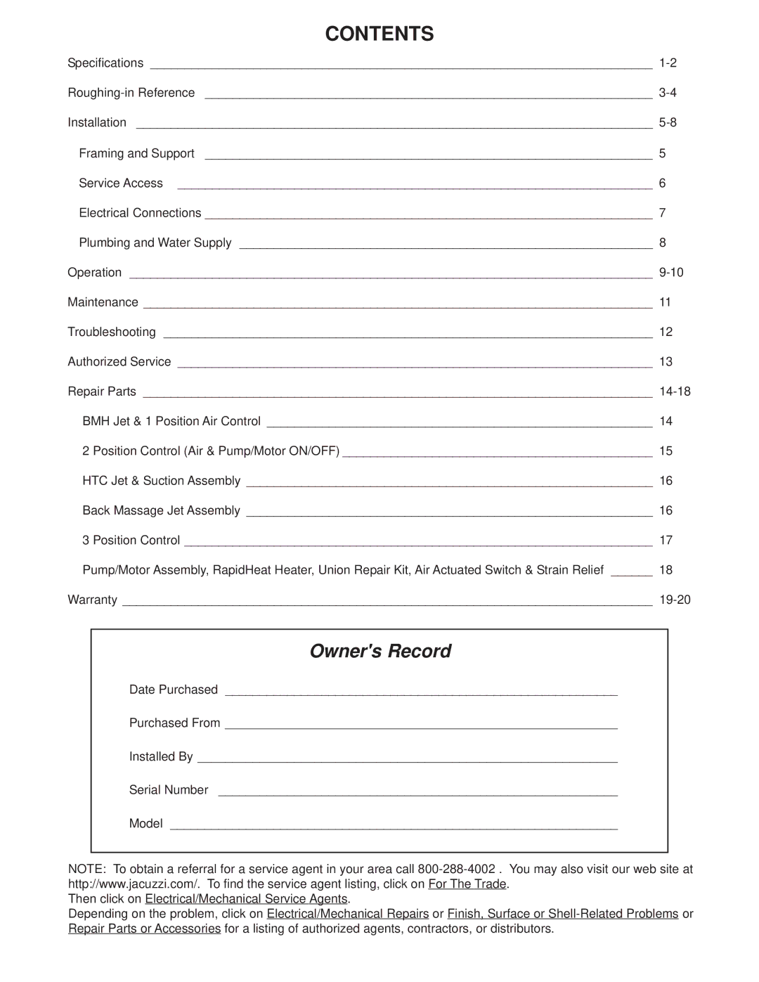 Jacuzzi U961000F operating instructions Contents 