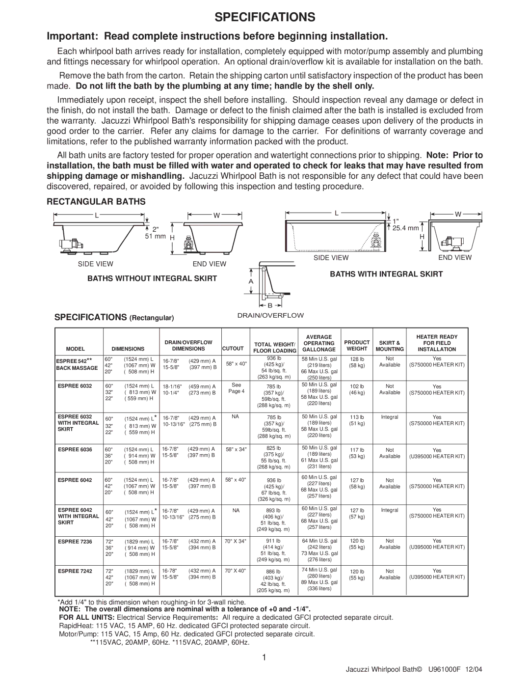 Jacuzzi U961000F operating instructions Rectangular Baths, Specifications Rectangular 