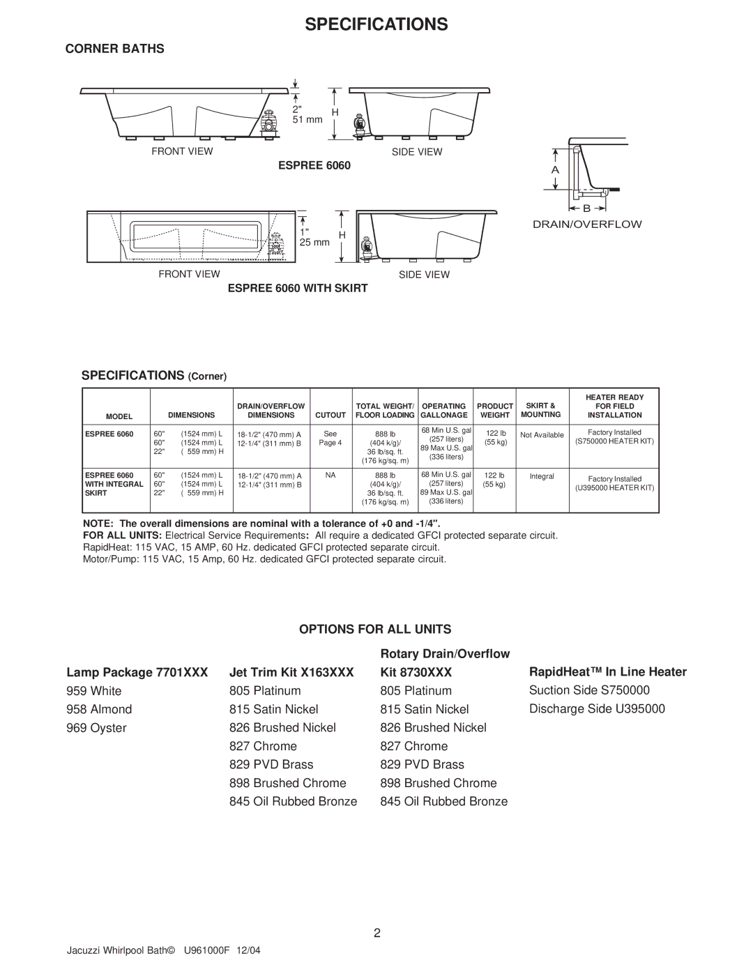 Jacuzzi U961000F operating instructions Corner Baths, Specifications Corner, Options for ALL Units 