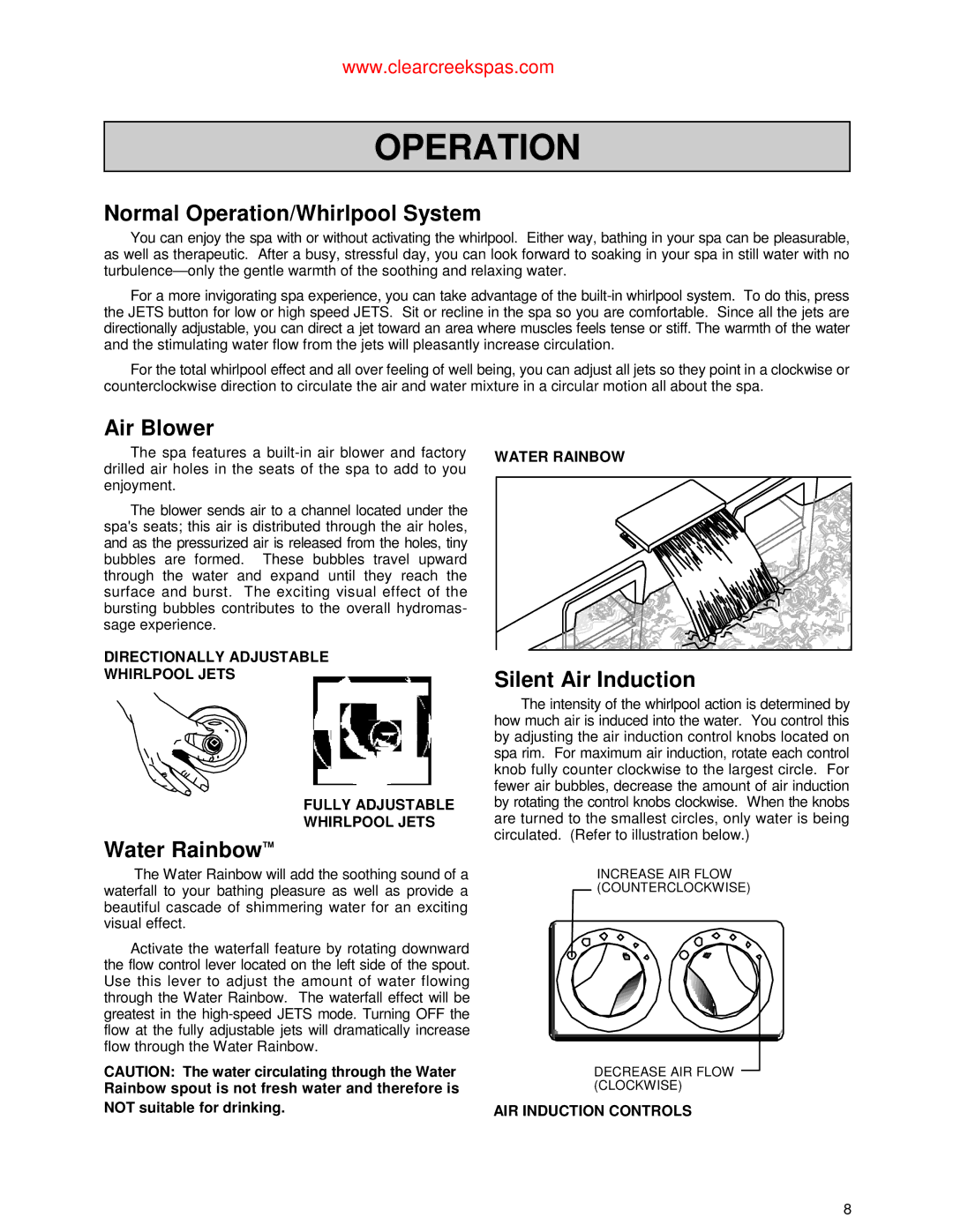 Jacuzzi Whirlpool Spa owner manual Normal Operation/Whirlpool System, Air Blower, Water Rainbow, Silent Air Induction 