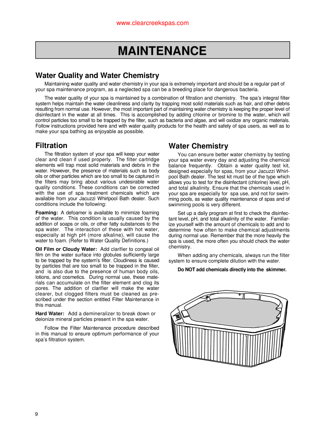 Jacuzzi Whirlpool Spa owner manual Maintenance, Water Quality and Water Chemistry, Filtration 