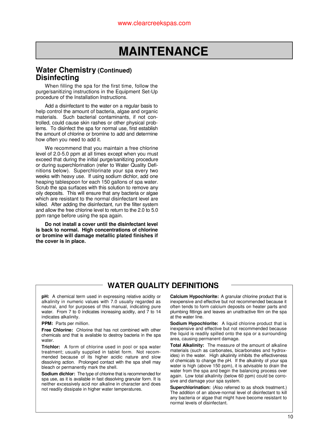 Jacuzzi Whirlpool Spa owner manual Water Chemistry Disinfecting, Water Quality Definitions 