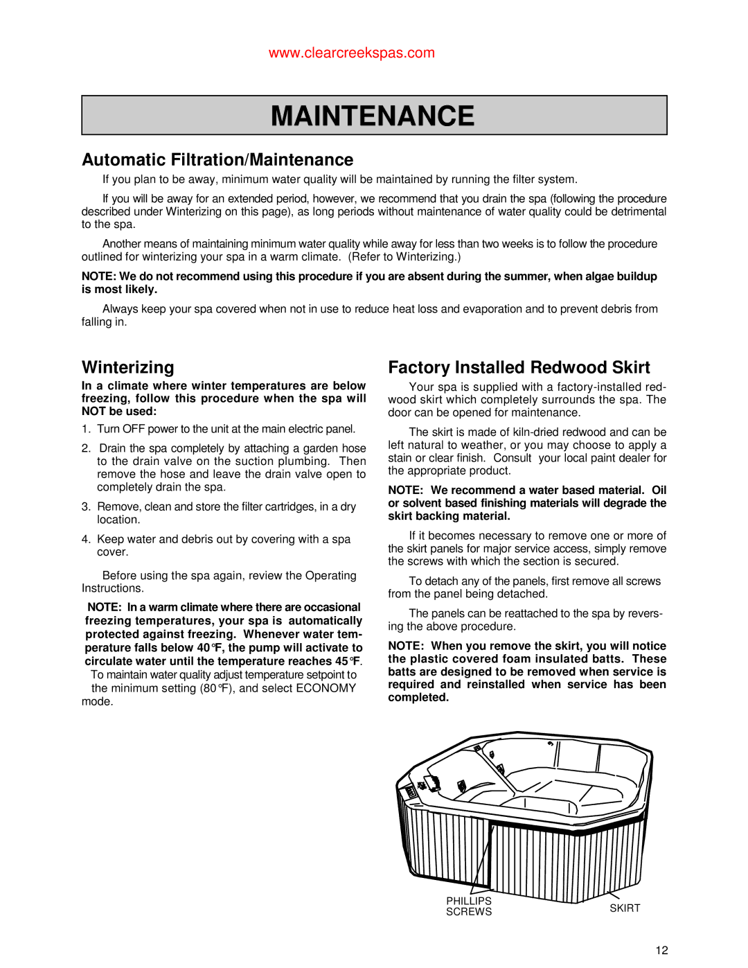 Jacuzzi Whirlpool Spa owner manual Automatic Filtration/Maintenance, Winterizing, Factory Installed Redwood Skirt 