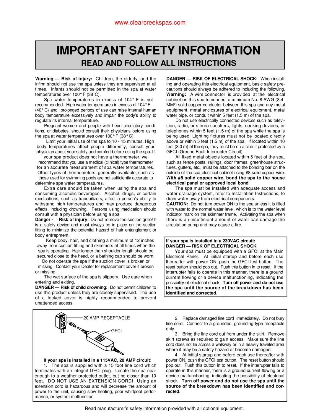 Jacuzzi Whirlpool Spa owner manual Important Safety Information, Read and Follow ALL Instructions 