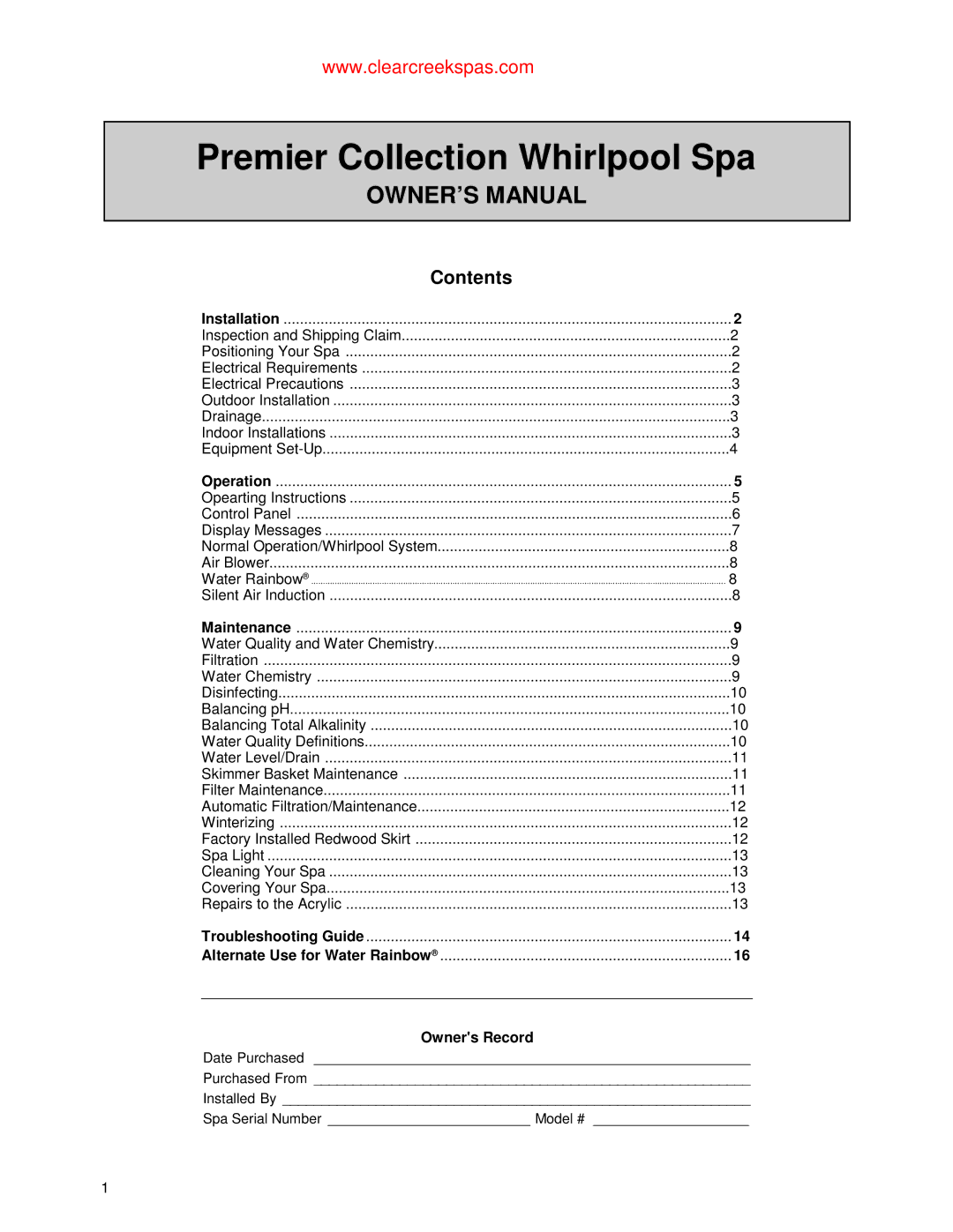 Jacuzzi owner manual Premier Collection Whirlpool Spa 