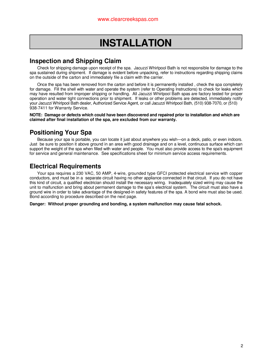 Jacuzzi Whirlpool Spa Installation, Inspection and Shipping Claim, Positioning Your Spa, Electrical Requirements 