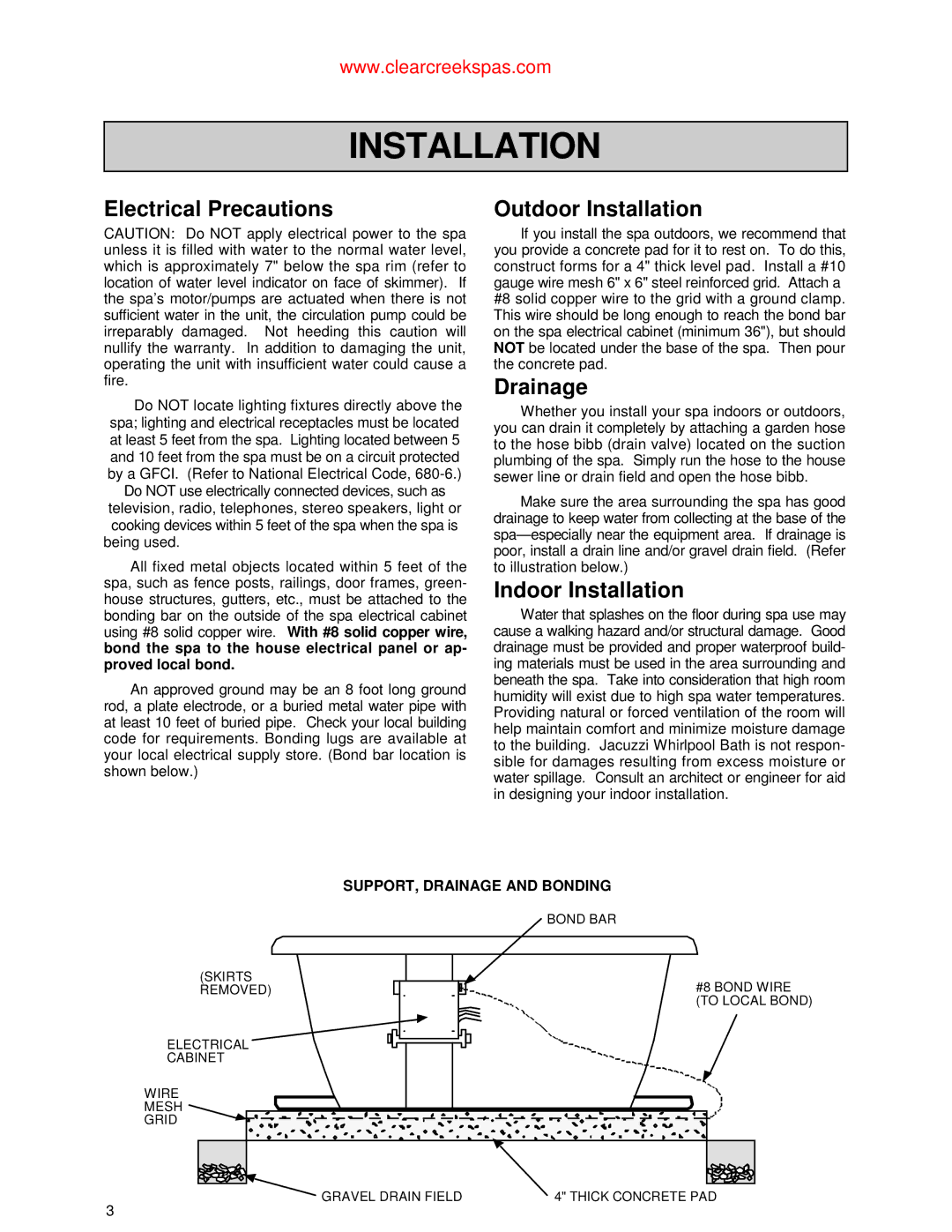 Jacuzzi Whirlpool Spa owner manual Electrical Precautions, Outdoor Installation, Drainage, Indoor Installation 