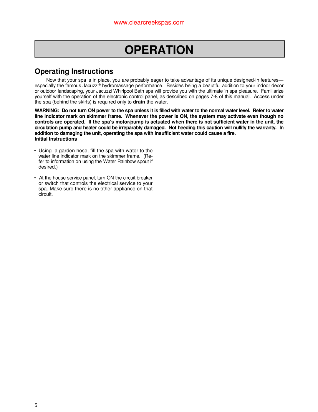 Jacuzzi Whirlpool Spa owner manual Operation, Operating Instructions, Initial Instructions 