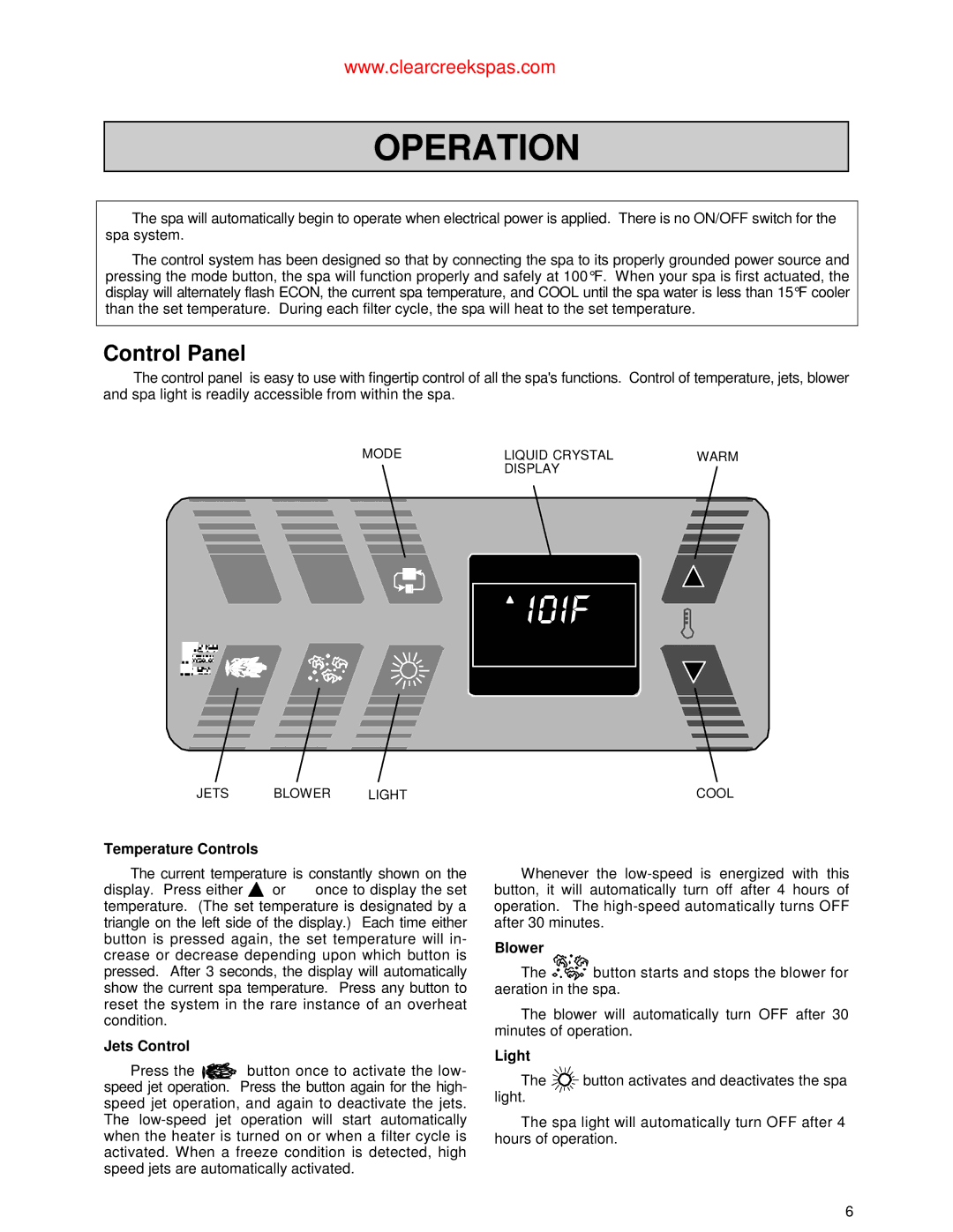 Jacuzzi Whirlpool Spa owner manual Control Panel, Temperature Controls, Jets Control, Blower, Light 