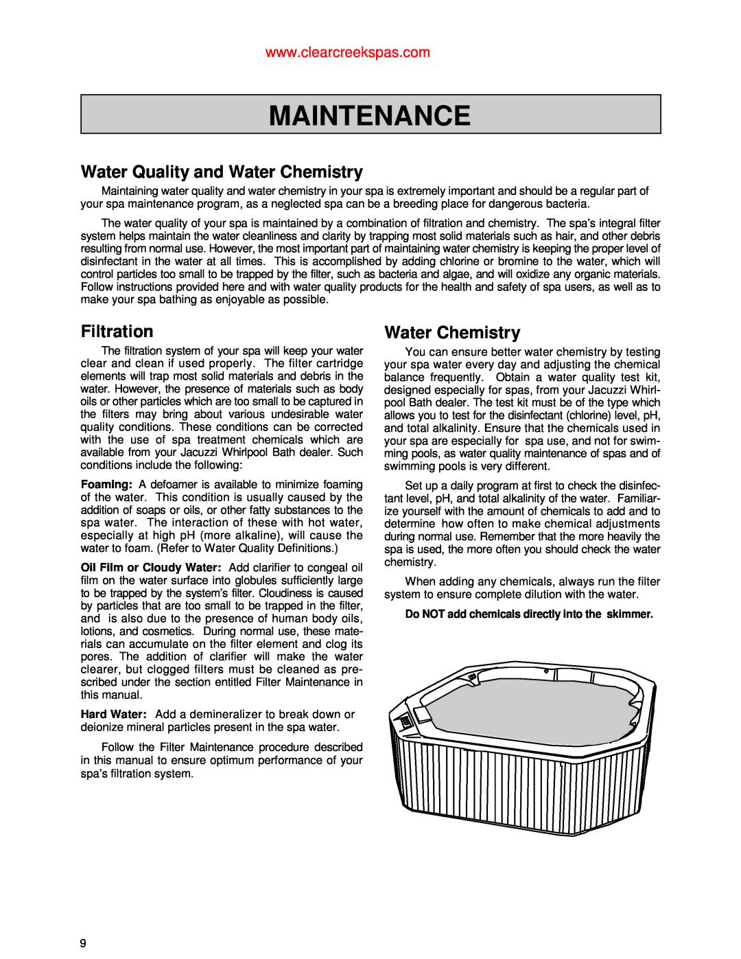 Jacuzzi Whirlpool Spa owner manual Maintenance, Water Quality and Water Chemistry, Filtration 
