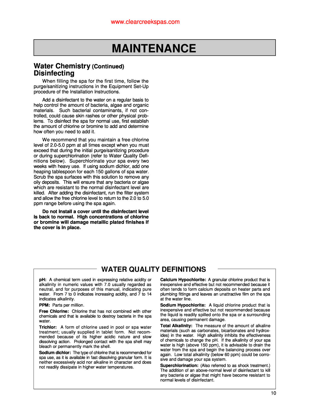 Jacuzzi Whirlpool Spa owner manual Water Chemistry Continued Disinfecting, Water Quality Definitions, Maintenance 