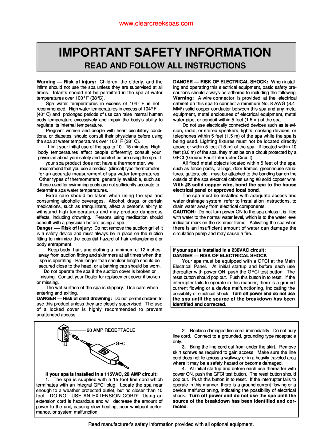 Jacuzzi Whirlpool Spa Important Safety Information, Read And Follow All Instructions, Danger - Risk Of Electrical Shock 