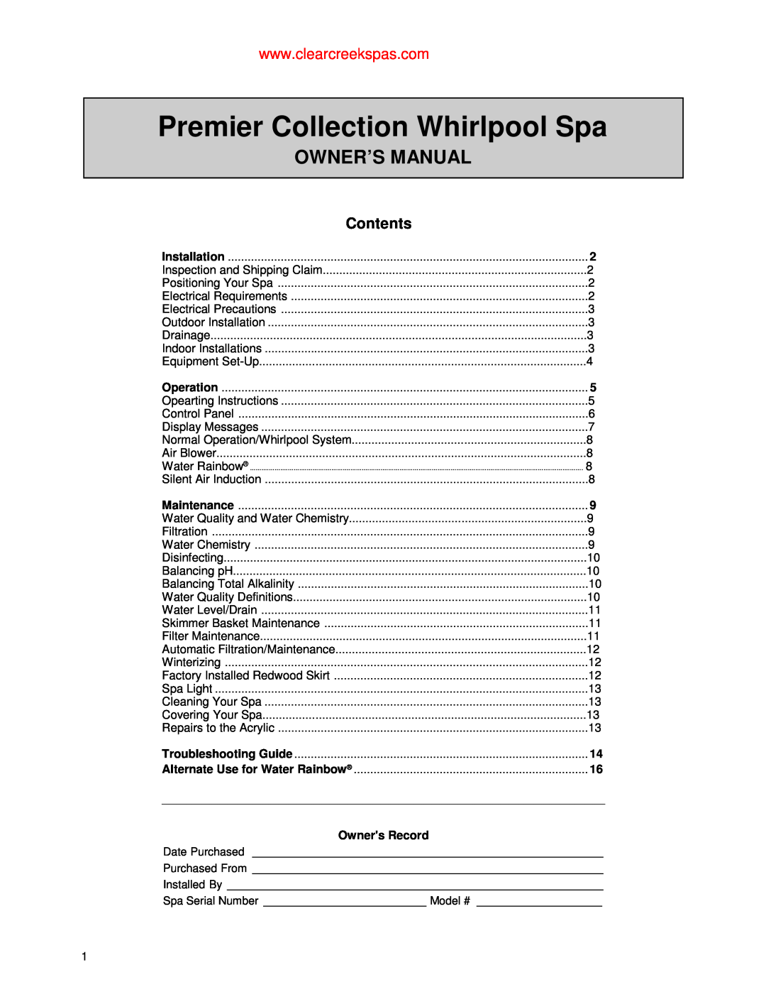Jacuzzi owner manual Premier Collection Whirlpool Spa, Owner’S Manual, Owners Record, Contents 