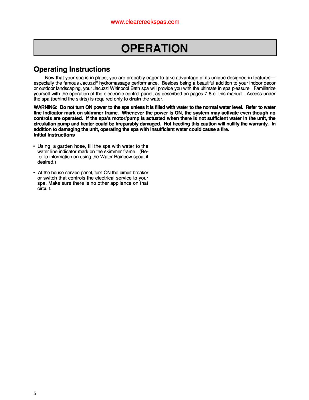 Jacuzzi Whirlpool Spa owner manual Operation, Operating Instructions, Initial Instructions 