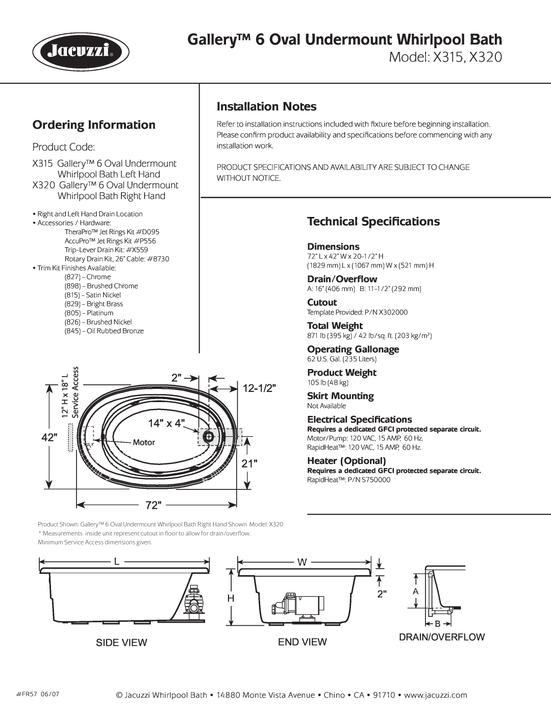 Jacuzzi X320-RH Gallery 6 Oval Undermount Whirlpool Bath, Model, Ordering Information, Installation Notes, Product Code 