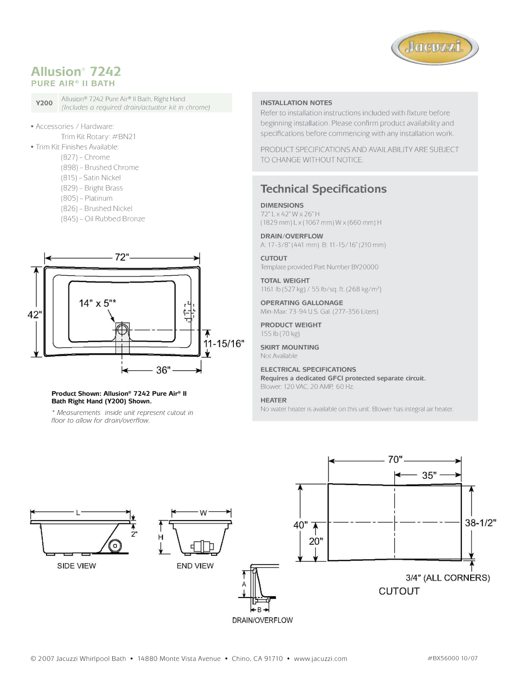 Jacuzzi Y200 dimensions Allusion, Technical Specifications, Pure air ii Bath 