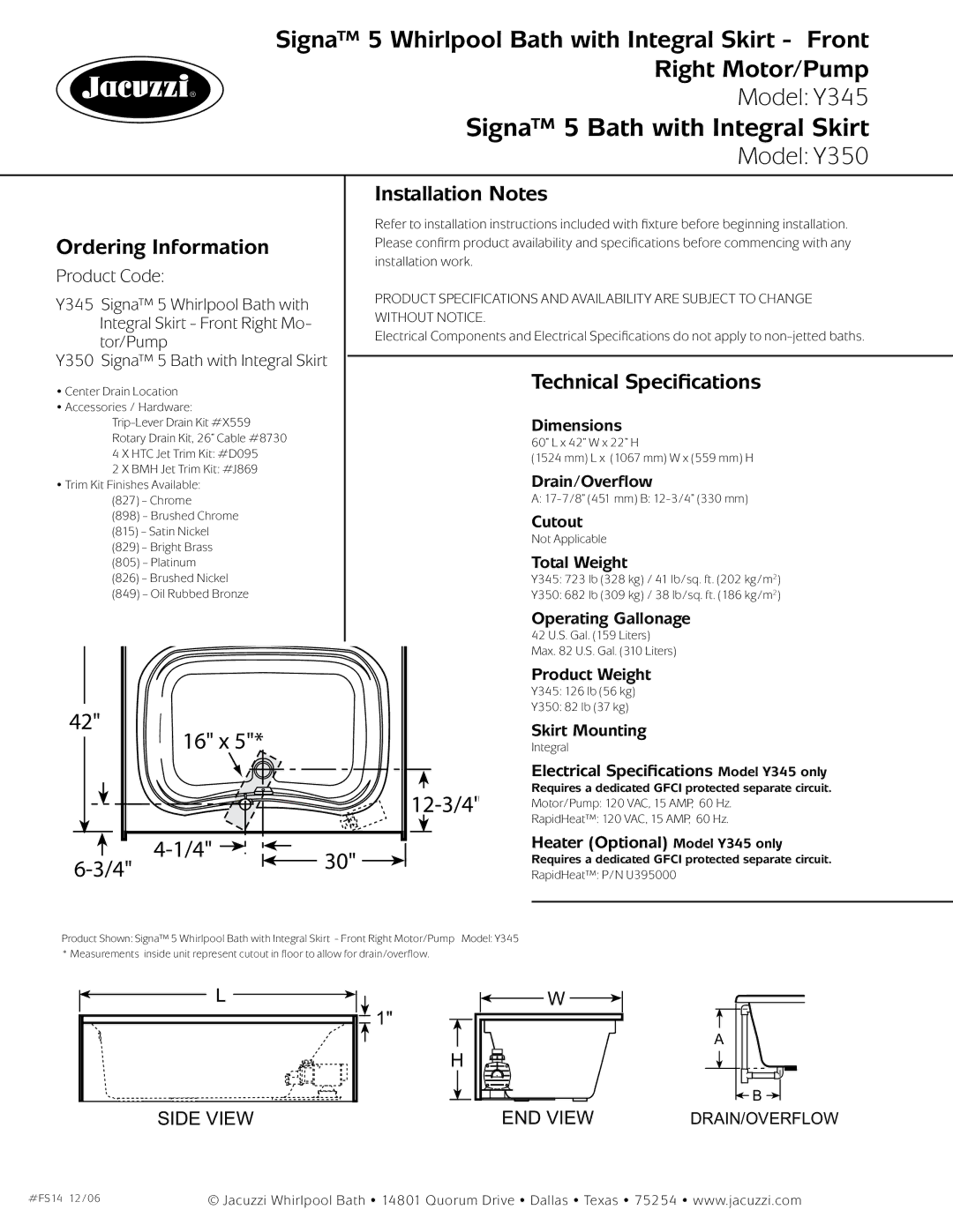 Jacuzzi Y345 dimensions 16 x, 12-3/4, Installation Notes, Ordering Information, Technical Specifications 