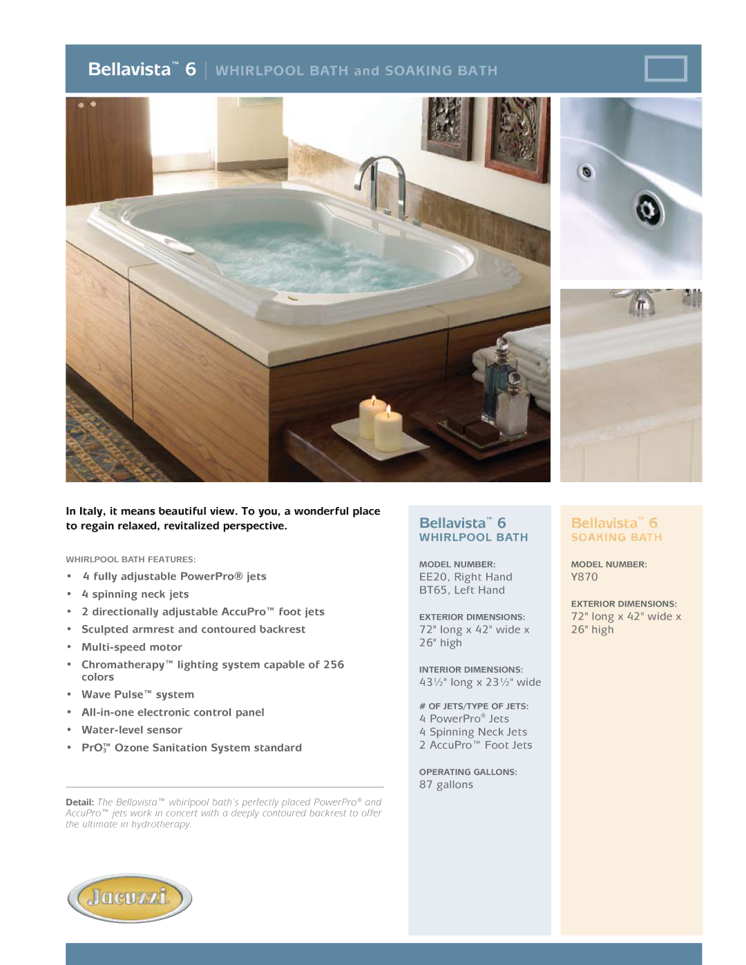 Jacuzzi EE20 dimensions Fully adjustable PowerPro jets, Spinning neck jets, Directionally adjustable AccuPro foot jets 