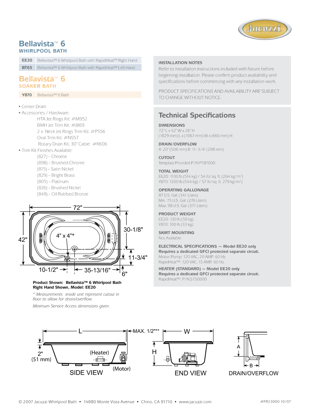 Jacuzzi BT65, Y870, EE20 dimensions 30-1/8 3/4, 10-1/2 35-13/16 