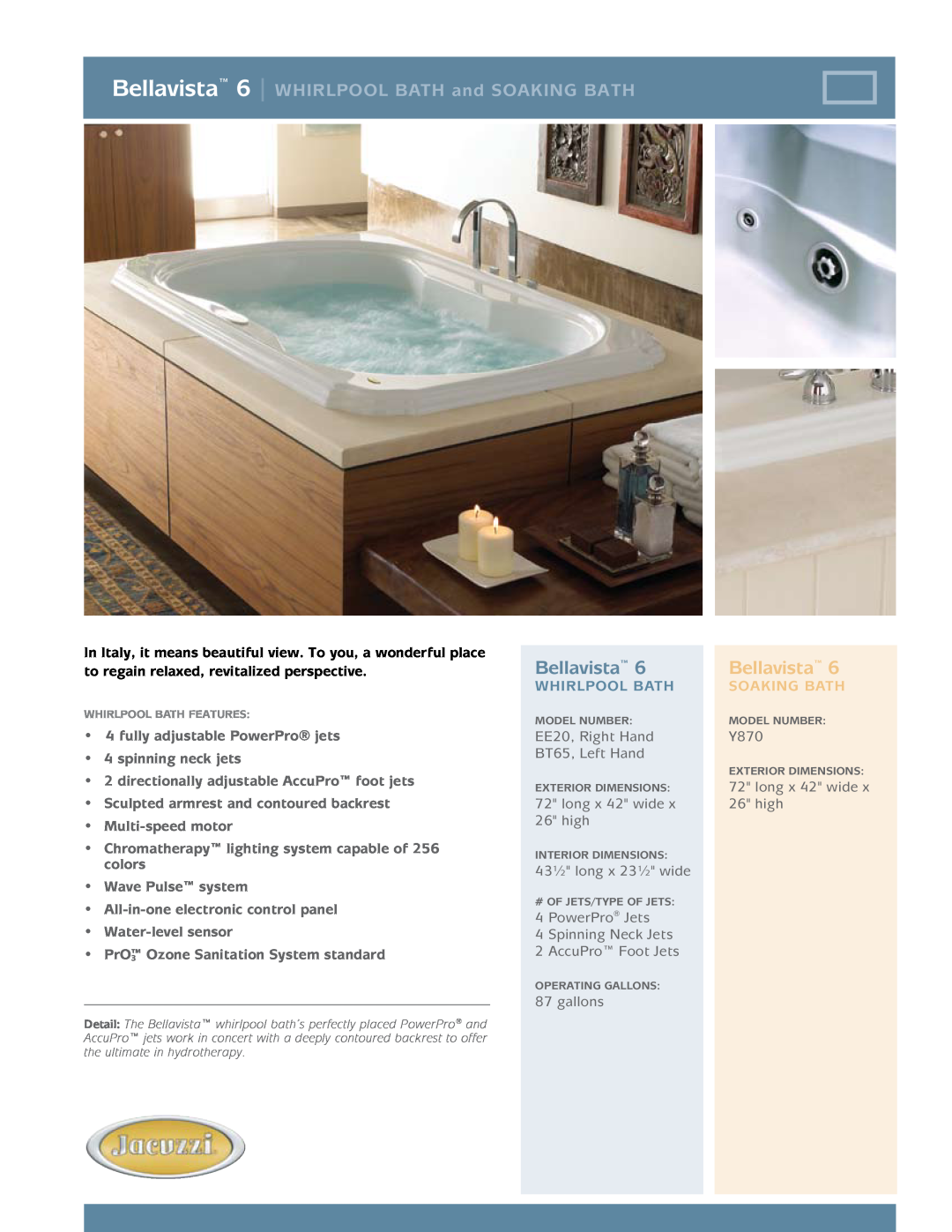 Jacuzzi dimensions EE20, Right Hand BT65, Left Hand, long x 42 wide x 26 high, Y870, 43½ long x 23½ wide, gallons 