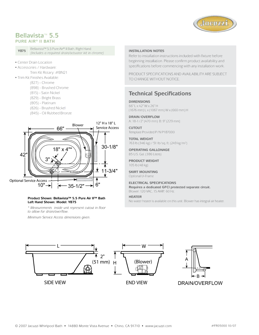 Jacuzzi Y875 - RH dimensions Bellavista, Technical Specifications, 18 x, 35-1/2, 30-1/8 11-3/4 