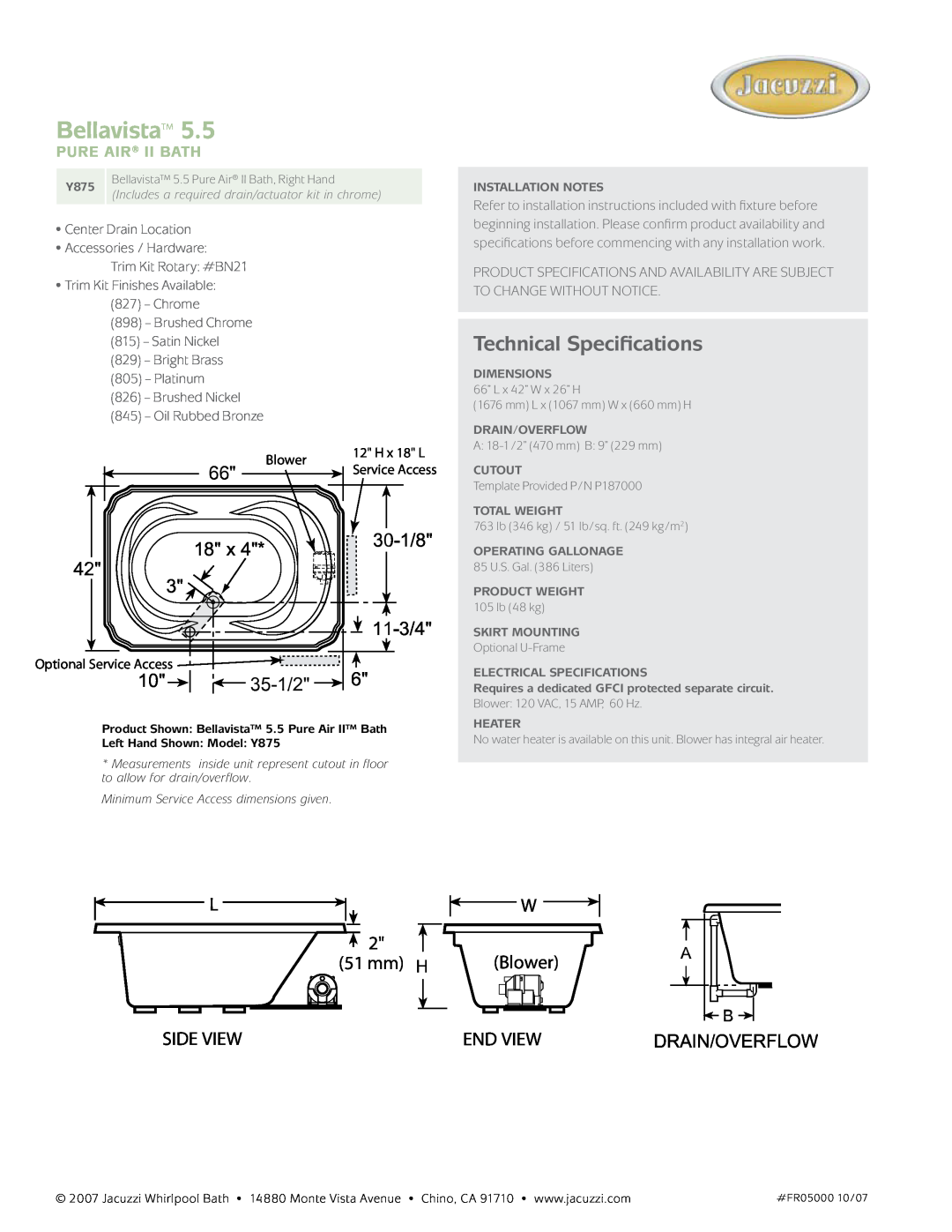 Jacuzzi Y875 - RH Refer to installation instructions included with fixture before, Brushed Nickel 845 - Oil Rubbed Bronze 