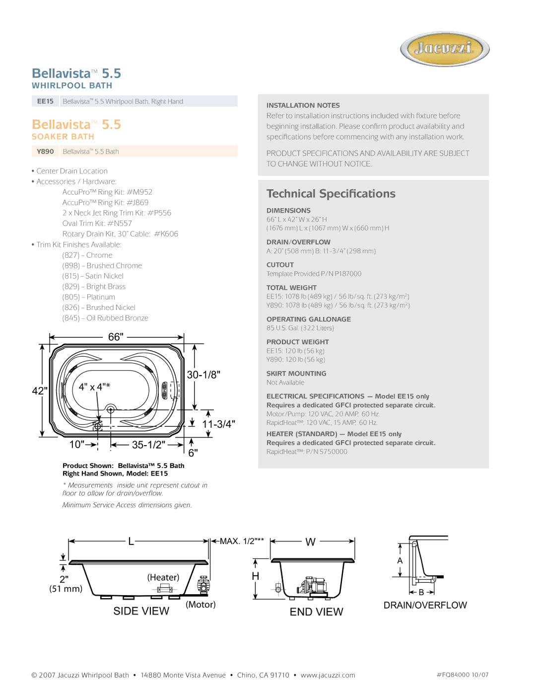 Jacuzzi Y890 Installation Notes, Dimensions, Drain/Overflow, Cutout, Total Weight, Operating Gallonage, Product Weight 