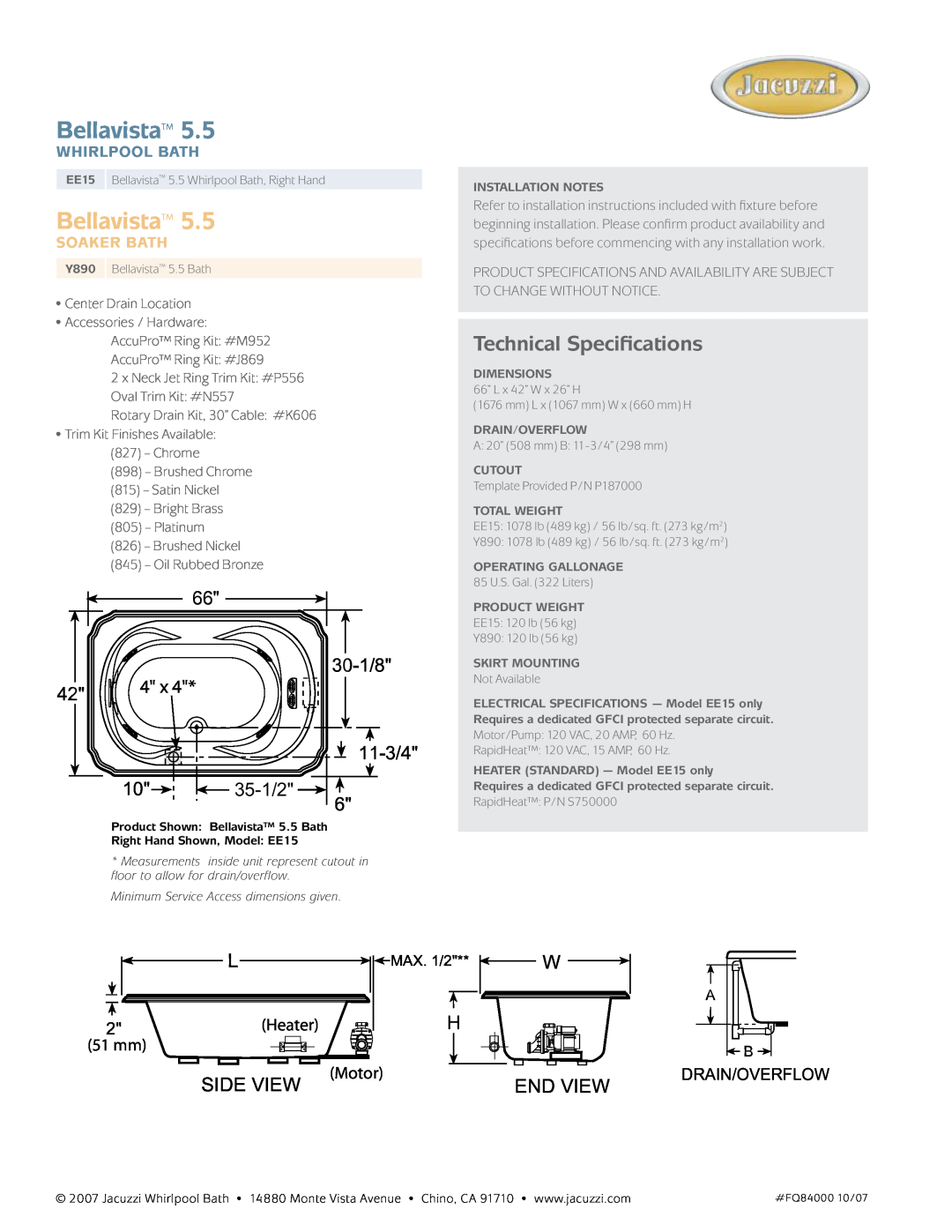 Jacuzzi Y890 Bellavista, Technical Specifications, 30-1/8, 11-3/4 10 35-1/2, Side View, End View, Heater, 51 mm, Motor 