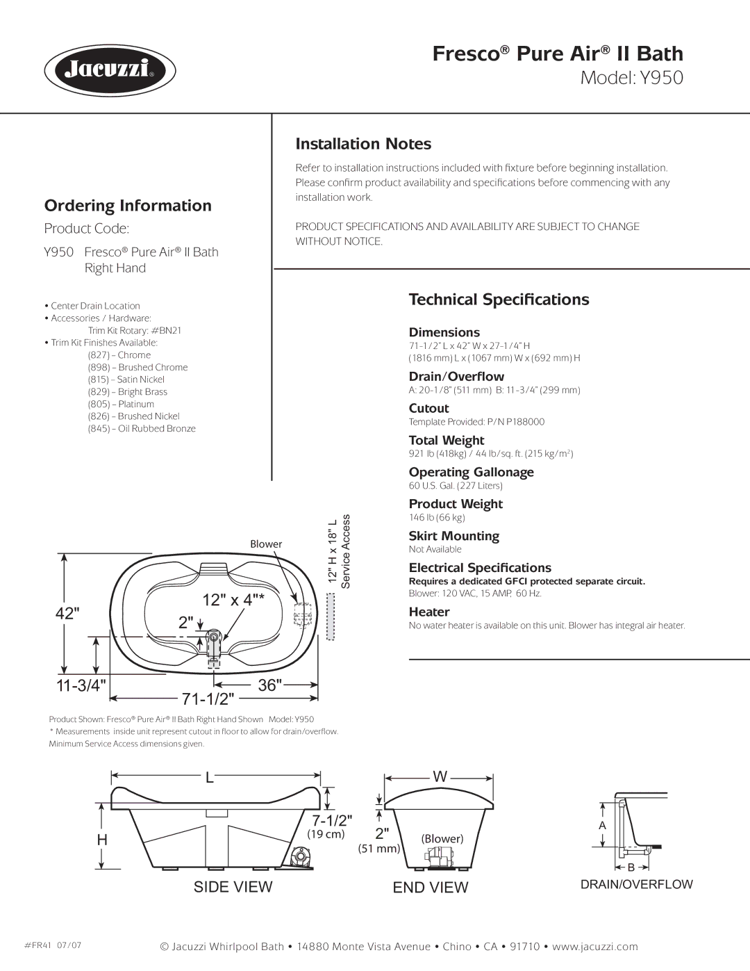 Jacuzzi Y950 dimensions Ordering Information, Installation Notes, Technical Speciﬁcations 