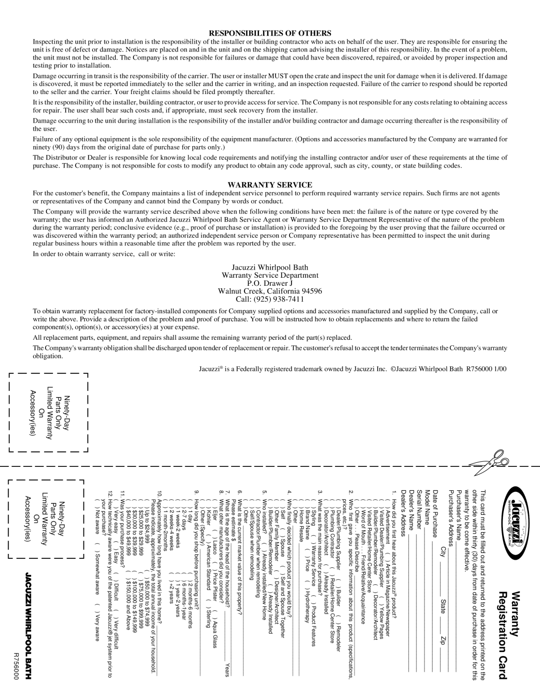 Jacuzzi Z101 owner manual Warranty 