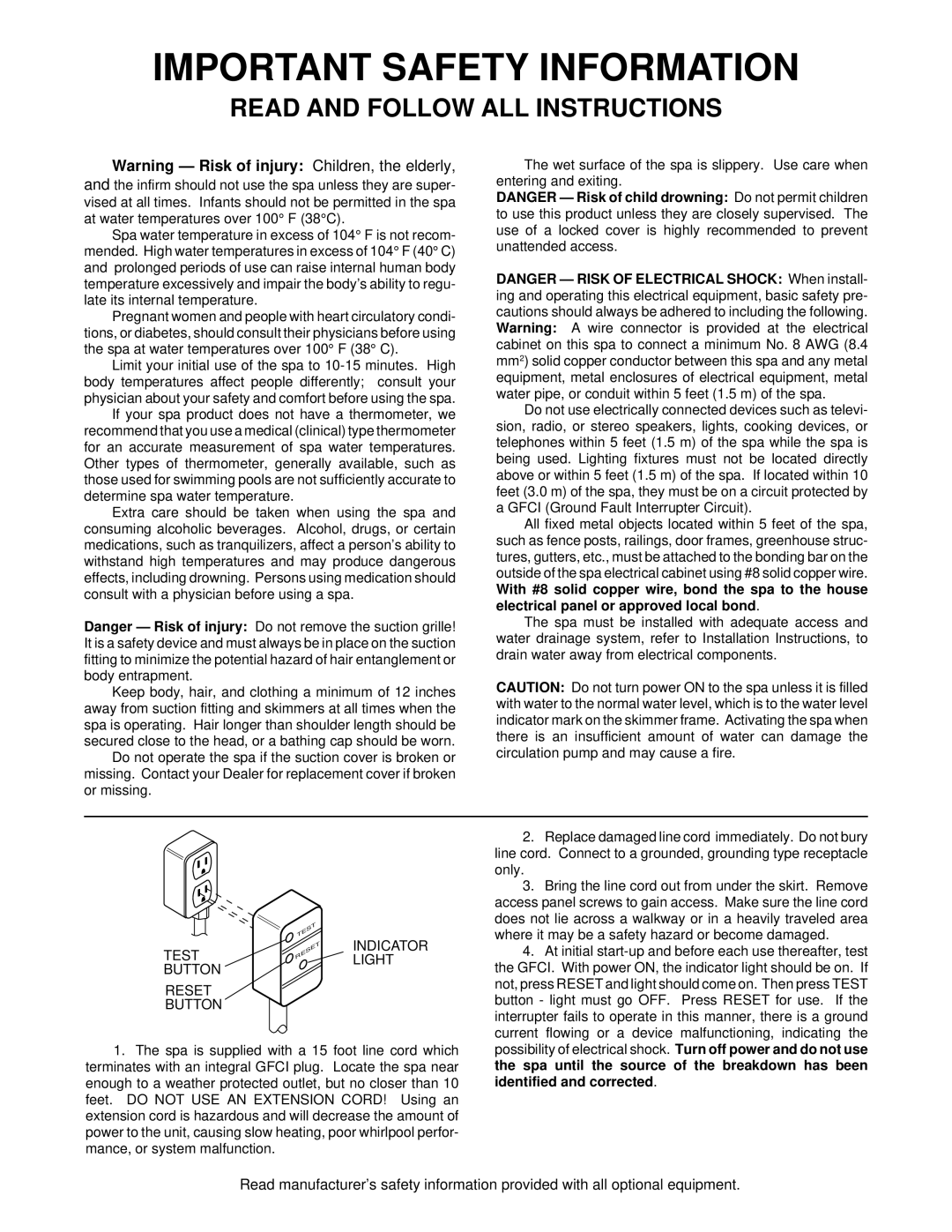 Jacuzzi Z101 owner manual Important Safety Information 