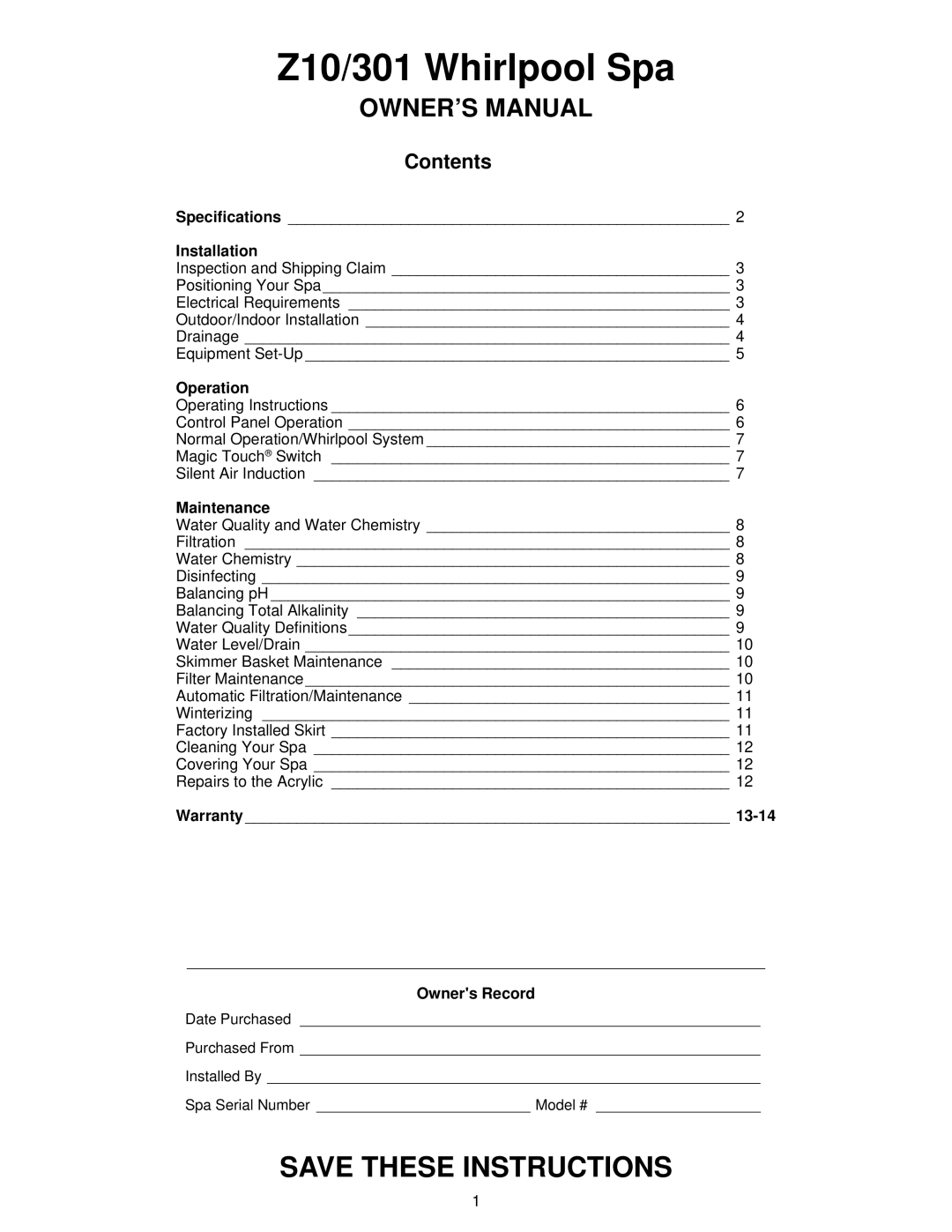 Jacuzzi Z101 owner manual Z10/301 Whirlpool Spa 