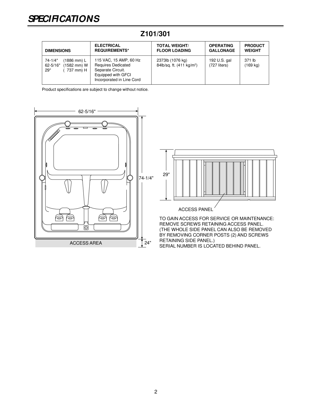 Jacuzzi owner manual Specifications, Z101/301 