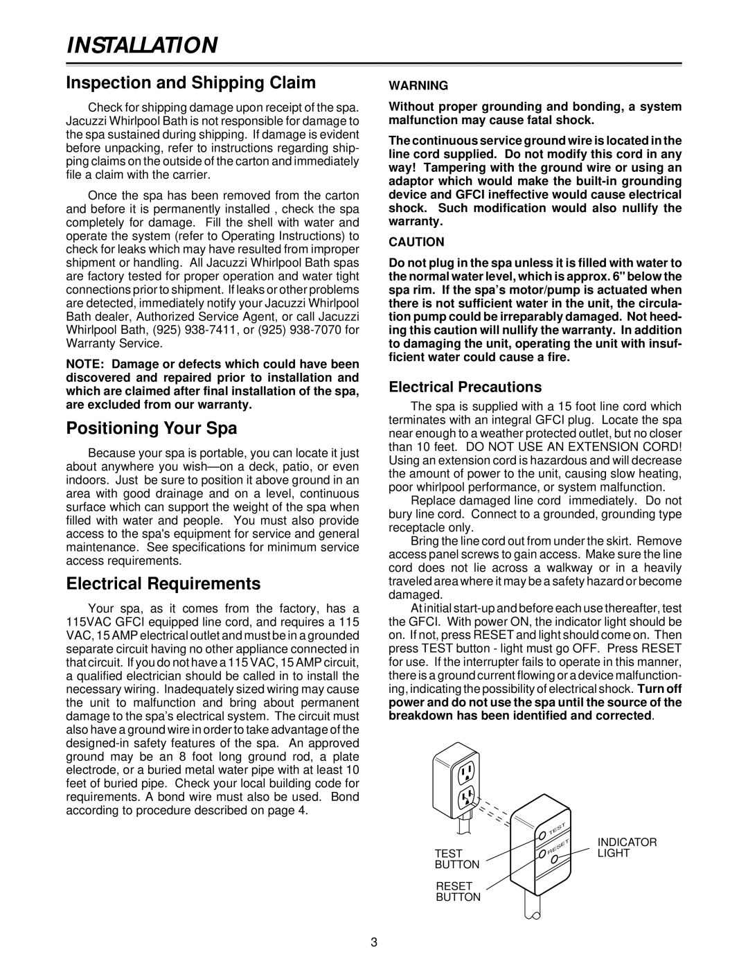 Jacuzzi Z101 owner manual Installation, Inspection and Shipping Claim, Positioning Your Spa, Electrical Requirements 