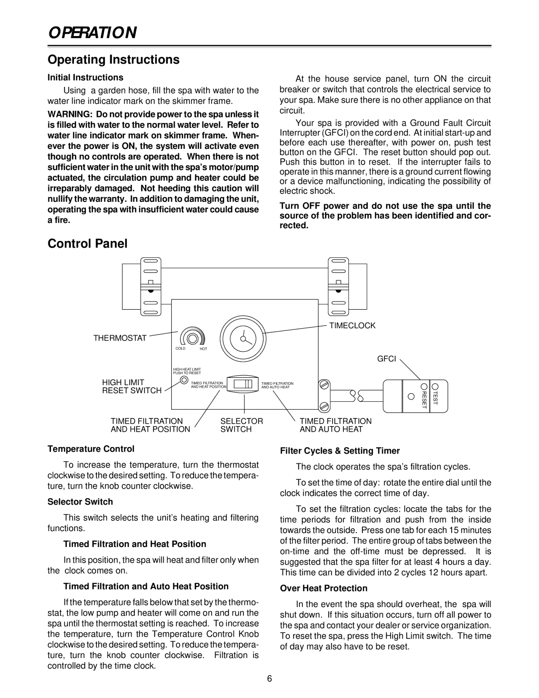 Jacuzzi Z101 owner manual Operation, Operating Instructions, Control Panel 