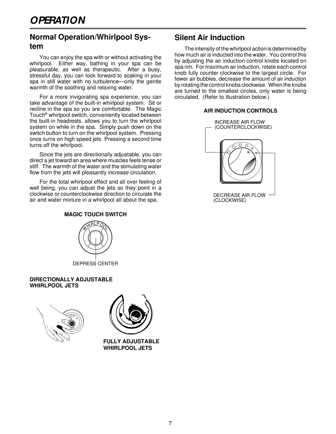 Jacuzzi Z101 owner manual Normal Operation/Whirlpool Sys- tem, Silent Air Induction 