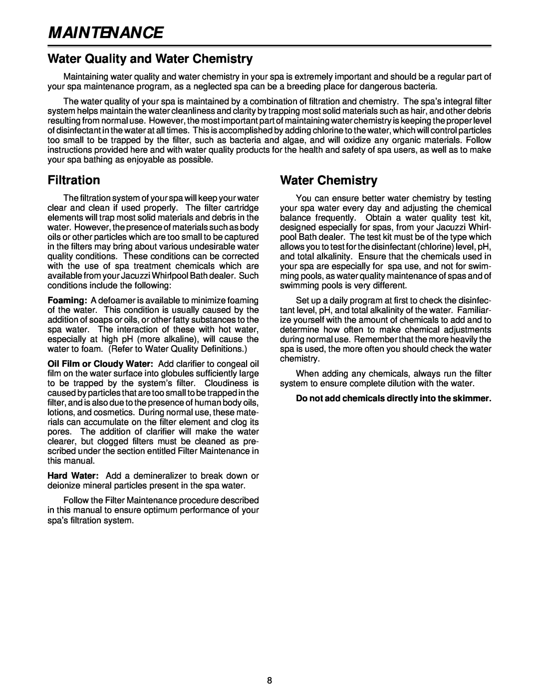 Jacuzzi Z101 owner manual Maintenance, Water Quality and Water Chemistry, Filtration 